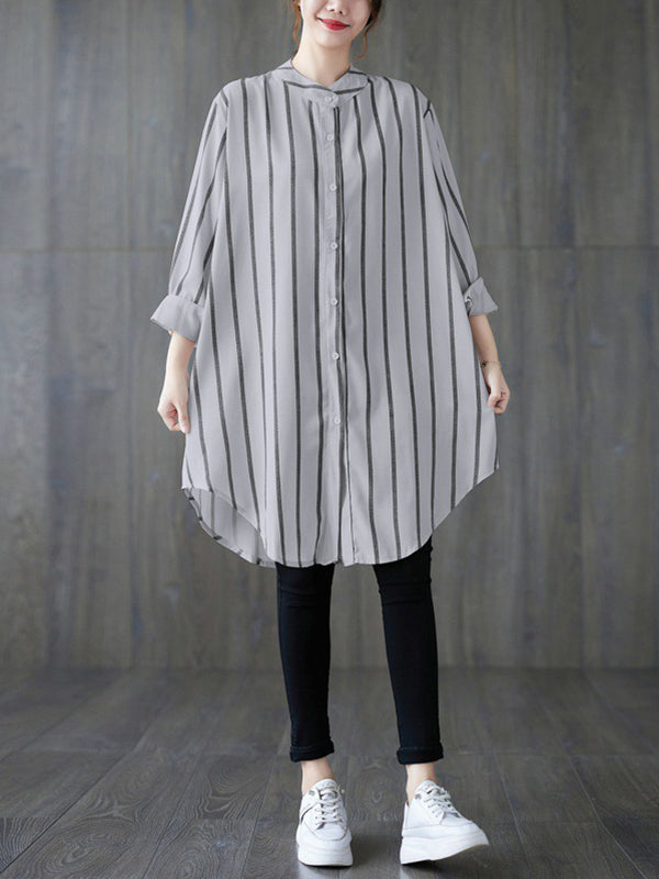 Buttoned Striped Long Sleeves Loose Blouses&Shirts Tops