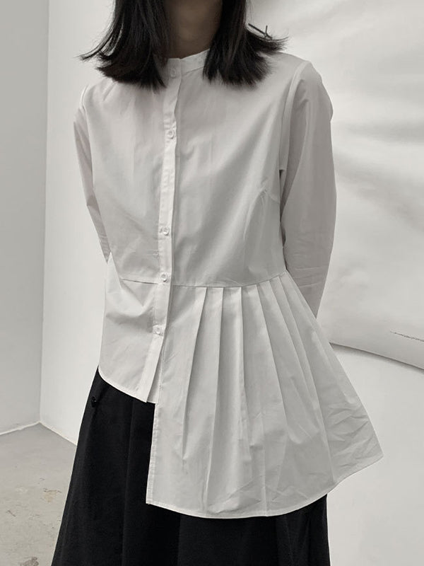 Asymmetric Buttoned Pleated Solid Color Long Sleeves Round-Neck Blouses&Shirts Tops