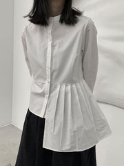 Asymmetric Buttoned Pleated Solid Color Long Sleeves Round-Neck Blouses&Shirts Tops
