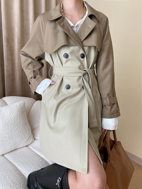 Buttoned Contrast Color Split-Joint Tied Waist Long Sleeves Loose Lapel Trench Coats