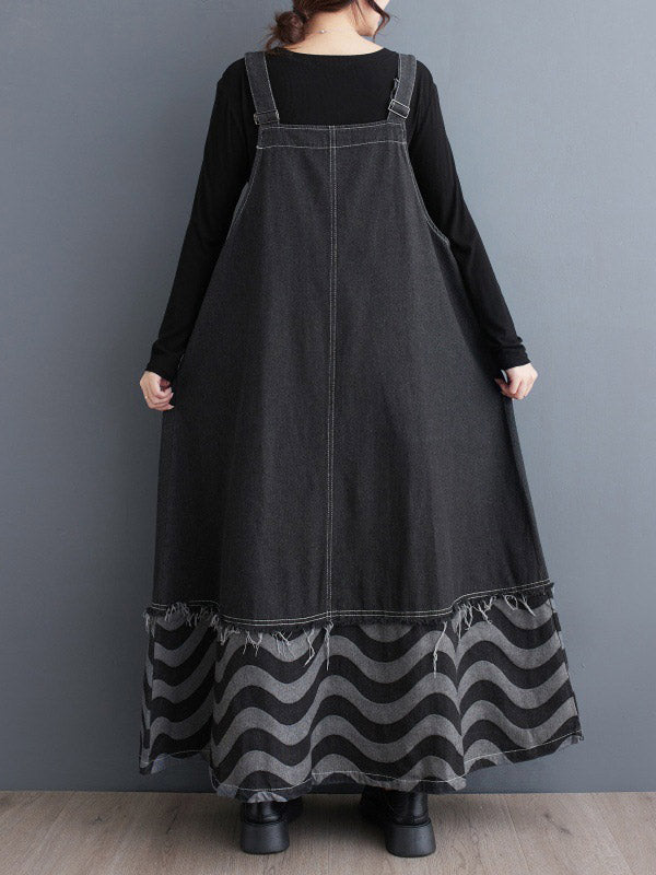 Split-Joint Striped Zipper A-Line Loose Adjustable Straps Midi Dresses