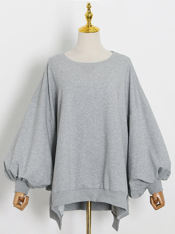 Casual Simple Puff Sleeves Solid Color Round-Neck Sweatshirt Top