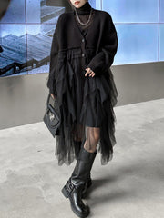 Buttoned Pleated Solid Color Split-Joint Tulle Velvet Long Sleeves Loose V-Neck Cardigan Tops