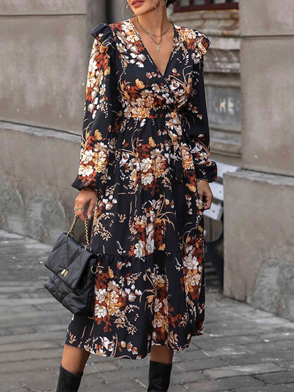 Flower Print Pleated Split-Joint Tied Waist Loose Puff Sleeves V-Neck Shirt Dress Midi Dresses