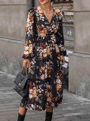 Flower Print Pleated Split-Joint Tied Waist Loose Puff Sleeves V-Neck Shirt Dress Midi Dresses
