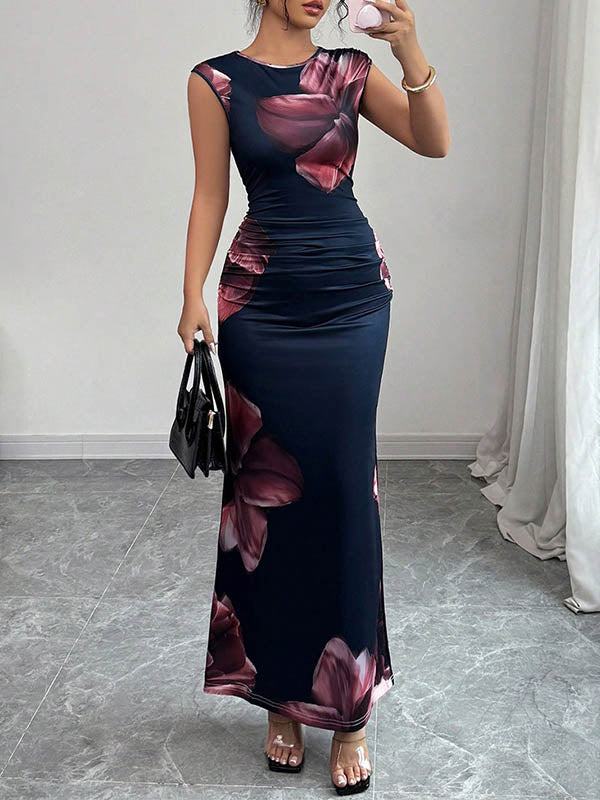 Contrast Color Flower Print Bodycon Sleeveless Round-Neck Maxi Dresses