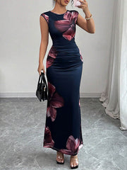 Contrast Color Flower Print Bodycon Sleeveless Round-Neck Maxi Dresses