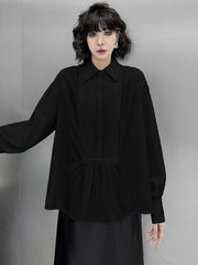 Buttoned Pleated Solid Color Long Sleeves Loose Polo Blouses&Shirts Tops