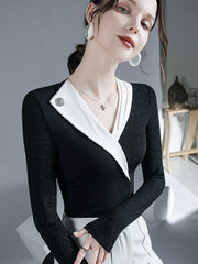 Asymmetric Contrast Color Split-Joint Long Sleeves Skinny V-neck Blouses&shirts Tops