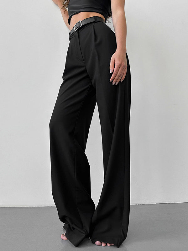 No Belt Solid Color High Waisted Loose Trousers Suit Pants