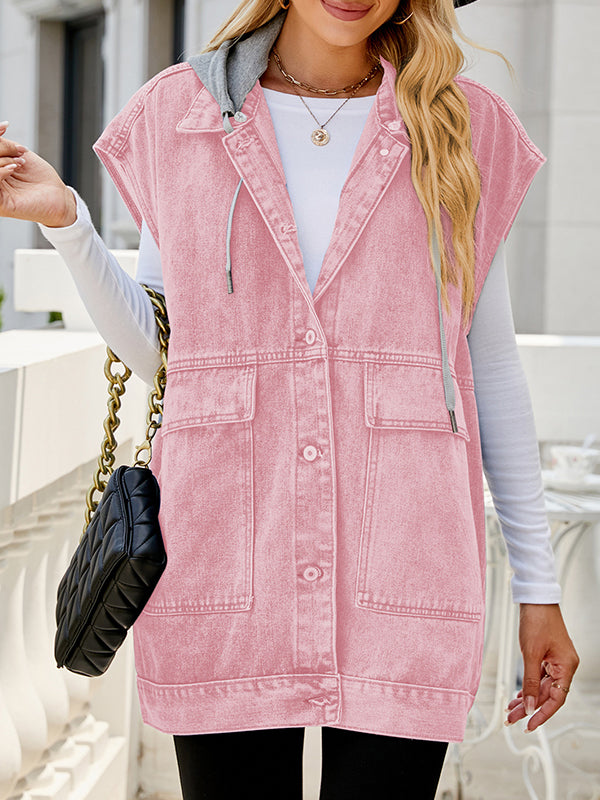 Buttoned Detachable Hooded Pockets Split-Joint Loose Sleeveless Lapel Collar Vest Outerwear
