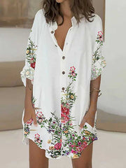 Buttoned Flower Print Long Sleeves Loose Lapel Shirt Dress Mini Dresses