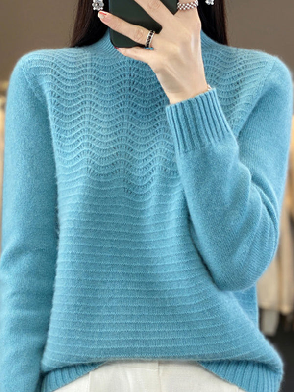 Solid Color Long Sleeves Loose Mock Neck Sweater Tops Pullovers