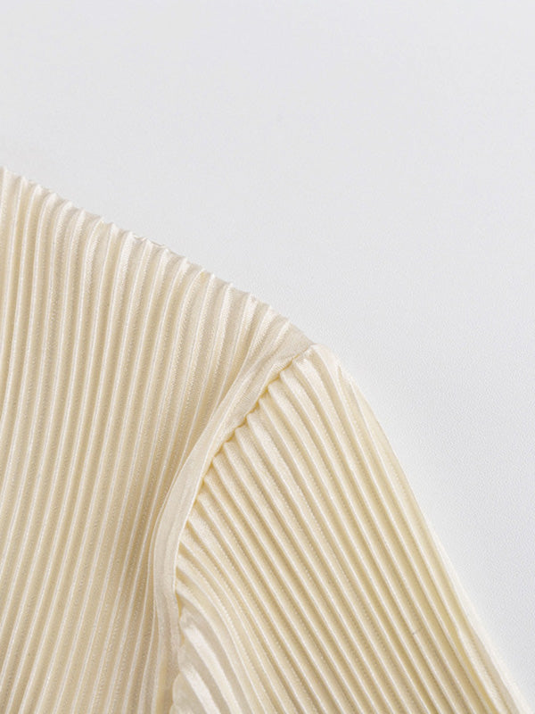 Lace-Up Pleated Solid Color Split-Joint Long Sleeves Loose Deep V-Neck Blouses&Shirts Tops