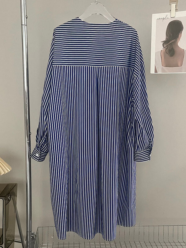Striped Long Sleeves Loose Round-Neck Shirt Dress Midi Dresses