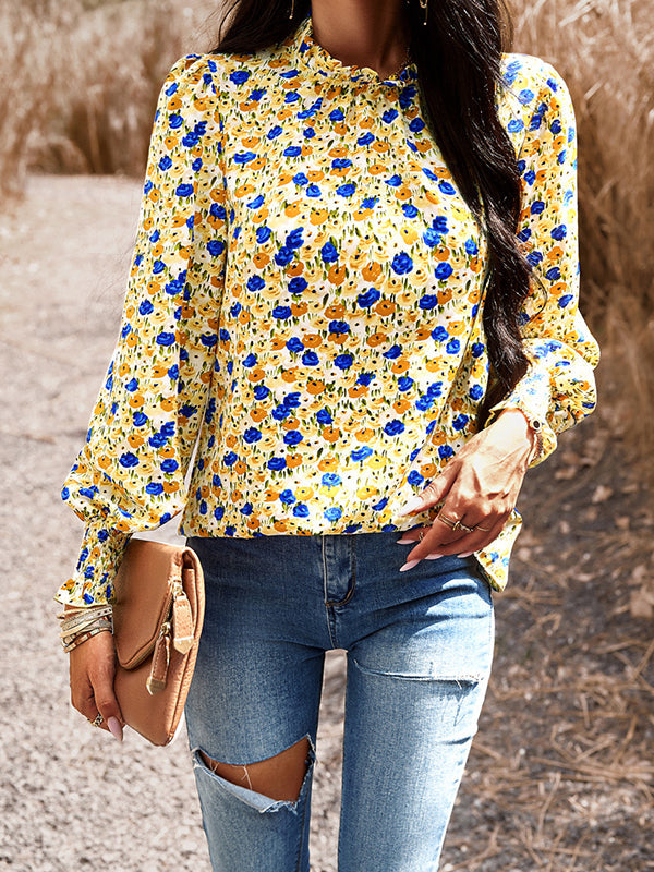 Elasticity Flower Print Ruffled Long Sleeves Loose Mock Neck Blouses&Shirts Tops