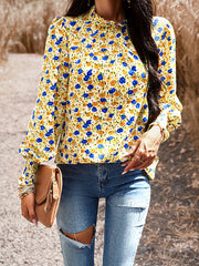 Elasticity Flower Print Ruffled Long Sleeves Loose Mock Neck Blouses&Shirts Tops
