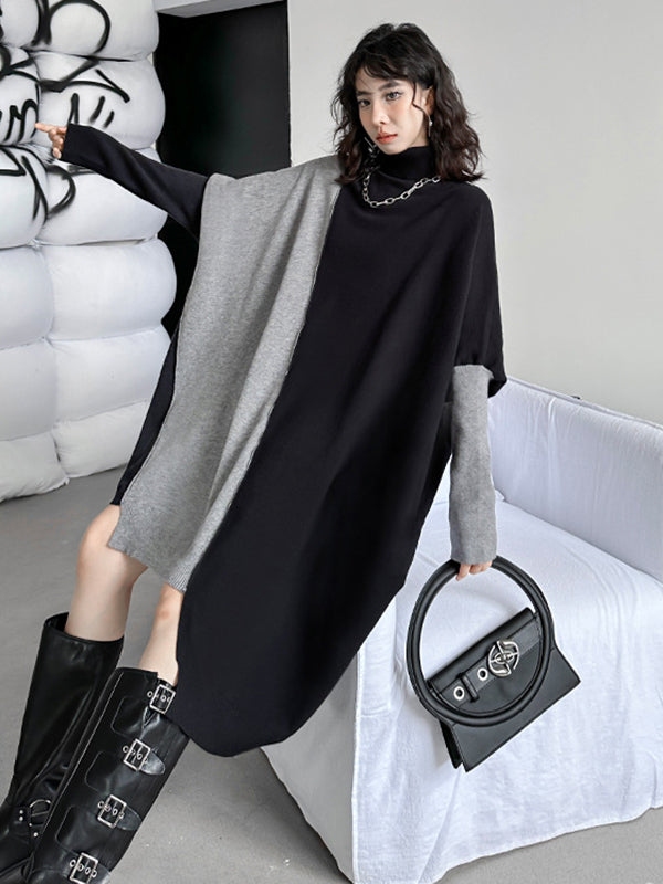 Asymmetric Contrast Color Split-Joint Batwing Sleeves Hipster High-neck Sweater Dresses Midi Dresses