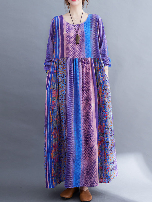 Vacation Long Sleeves Loose Contrast Color Striped Split-Joint Round-Neck Midi Dresses