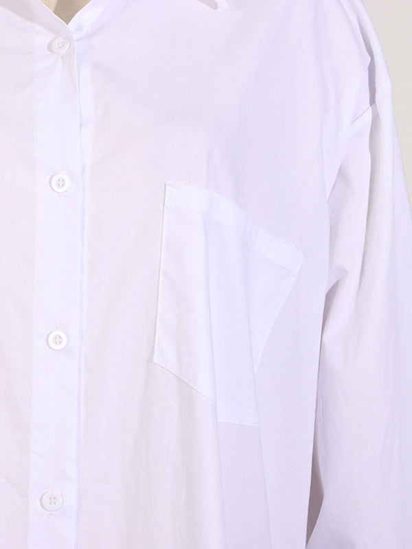 See-Through Solid Color Split-Joint Split-Side Long Sleeves Loose Lapel Shirt Dress Maxi Dresses