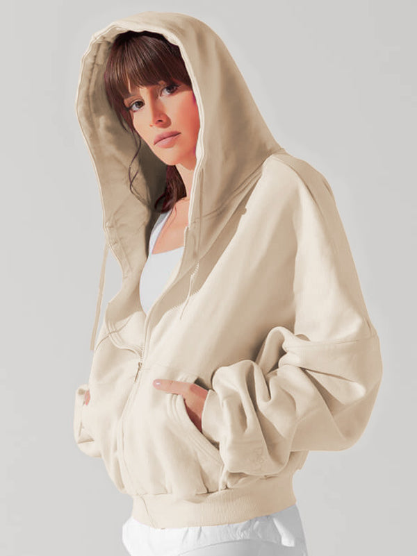 Drawstring Pockets Solid Color Zipper Hooded Long Sleeves Outerwear Jackets