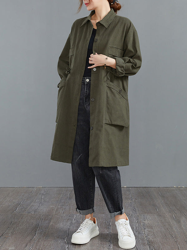Casual Loose Solid Color Buttoned Lapel Collar Long Sleeves Trench Coat