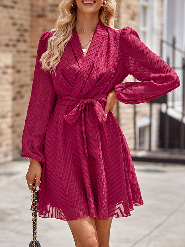 See-Through Solid Color Tied Waist A-Line Long Sleeves V-Neck Mini Dresses