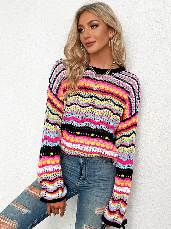 4 Colors Loose Contrast Color Round-Neck Sweater Top