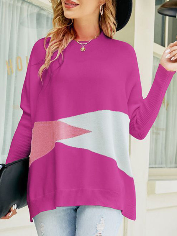 Contrast Color Batwing Sleeves Long Sleeves Round-Neck Sweater Tops Pullovers Knitwear