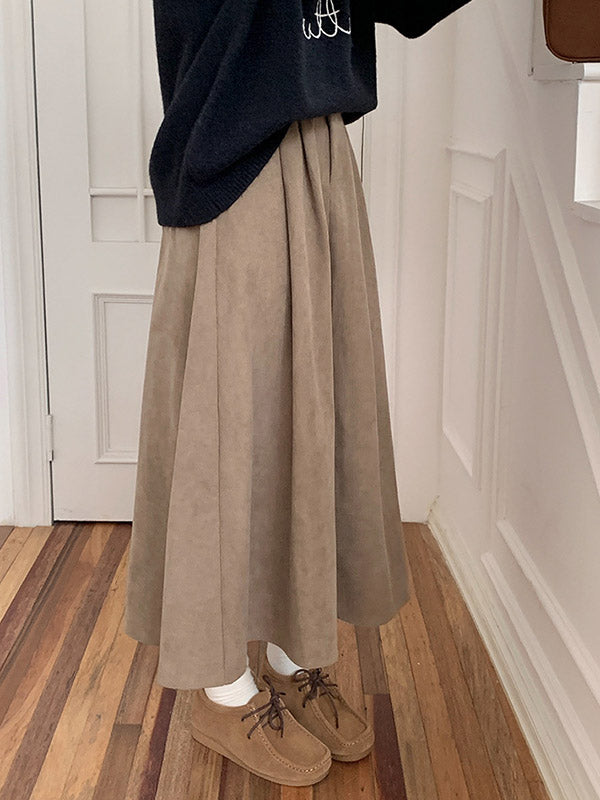 Pleated Solid Color Split-Joint A-Line High Waisted Skirts