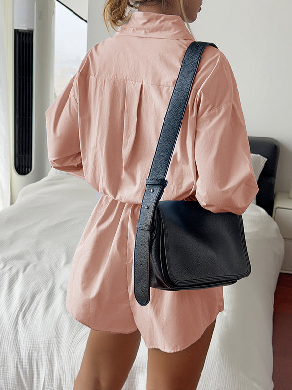 Buttoned Pleated Solid Color Split-Joint High Waisted Long Sleeves Lapel Rompers