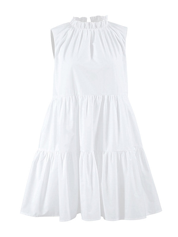 Pleated Ruffled Solid Color Split-Joint A-Line Loose Round-Neck Shirt Dress Mini Dresses