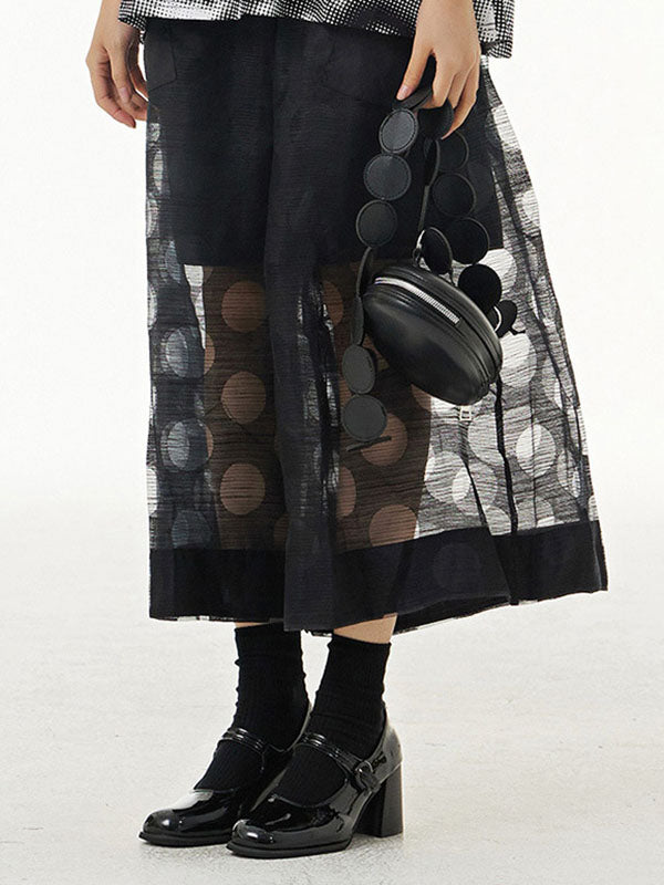 Gauze Polka-Dot See-Through Cropped False Two Casual Pants Bottoms