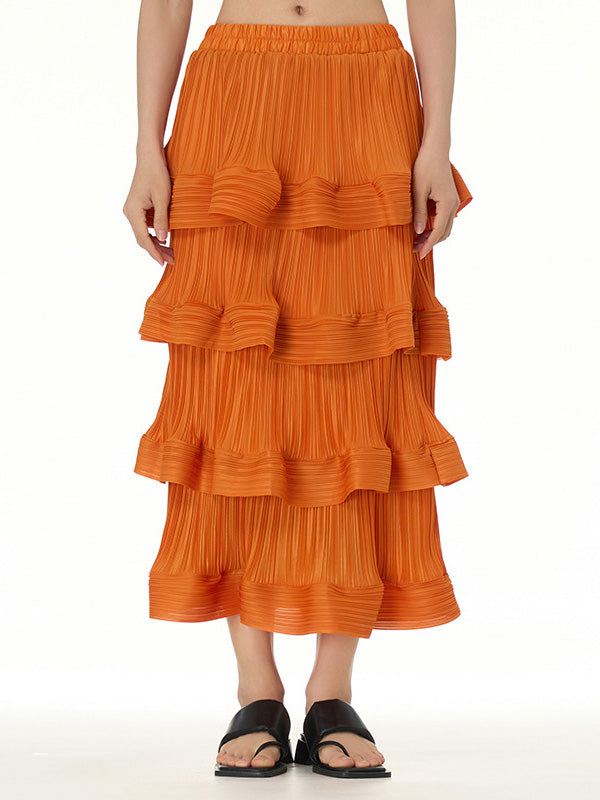 Elasticity Layered Pleated Ruffled Solid Color Loose Skirts Bottoms