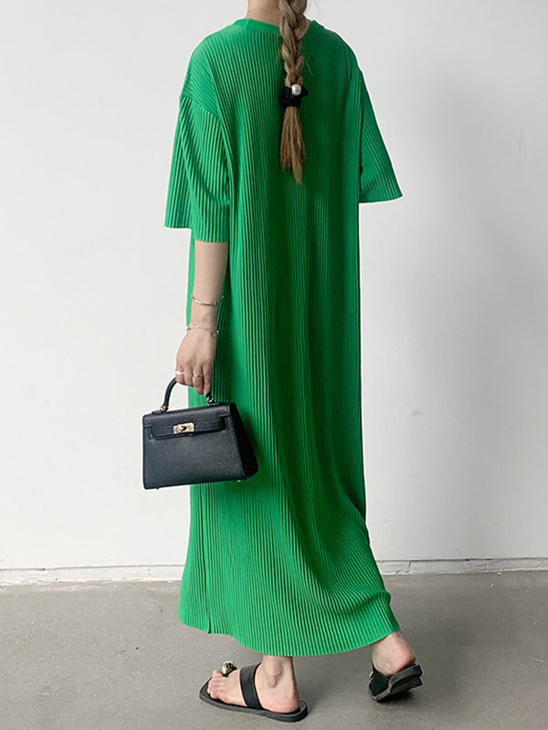 Pleated Solid Color Half Sleeves Loose Round-Neck Midi Dresses