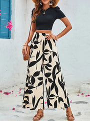Split-Joint Round-Neck Skinny Short Sleeves Shirt Tops + Loose Printed Pants Trousers Two Pieces Set