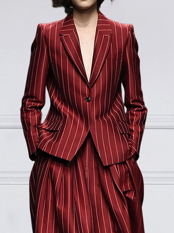 Striped Long Sleeves Loose Notched Collar Outerwear Blazer