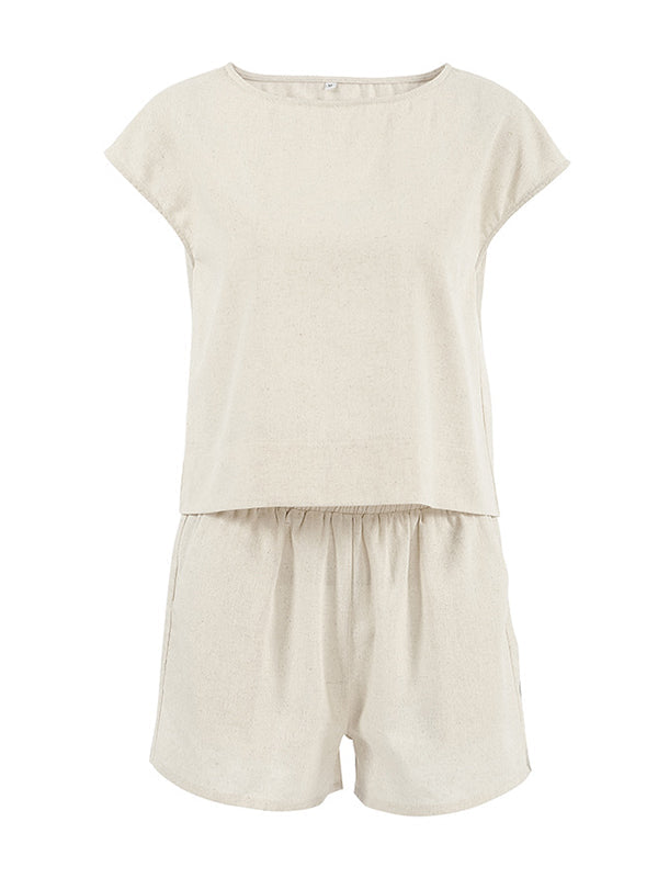 Round-Neck Loose Sleeveless Solid Color Split-Joint Vest Top + Elasticity Shorts Bottom Two Pieces Set