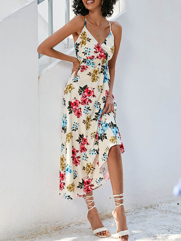 Elasticity Flower Print High Waisted Sleeveless Spaghetti-Neck Midi Dresses