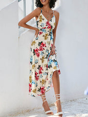 Elasticity Flower Print High Waisted Sleeveless Spaghetti-Neck Midi Dresses