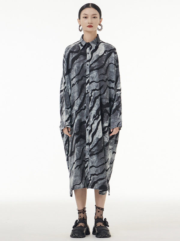 Original Creation Long Sleeves Buttoned Printed Lapel Midi Dresses