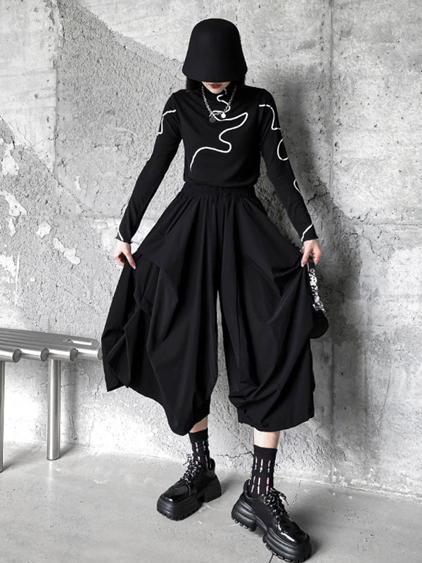 Irregularity Wide Leg Solid Color Elastic Waist Cropped Pants