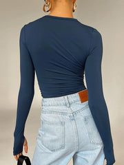 Hollow Solid Color Long Sleeves Skinny Round-Neck T-Shirts Tops