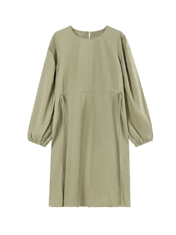 Elasticity Pleated Solid Color A-line Long Sleeves Round-neck Midi Dresses