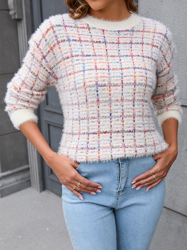 Plaid Split-Joint Long Sleeves Loose Round-Neck Sweater Tops Pullovers