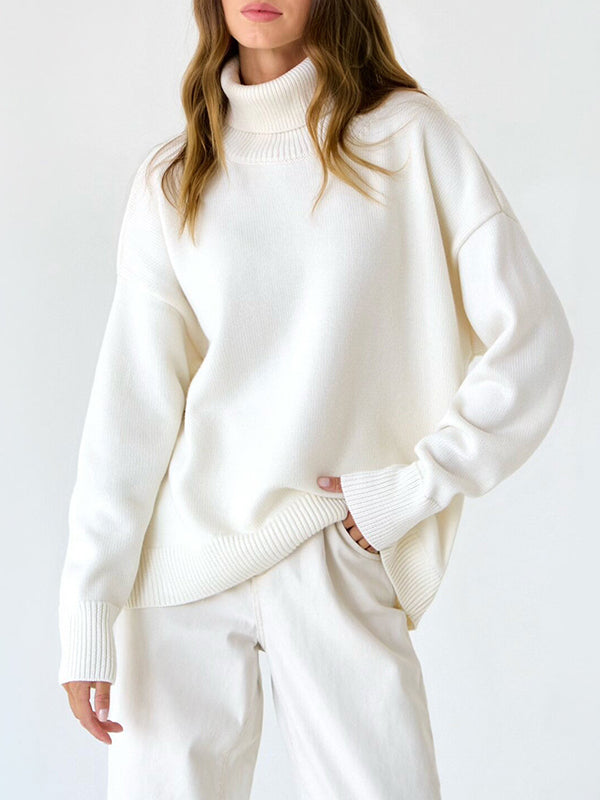 Solid Color Split-Joint High-Low Long Sleeves High Neck Sweater Tops