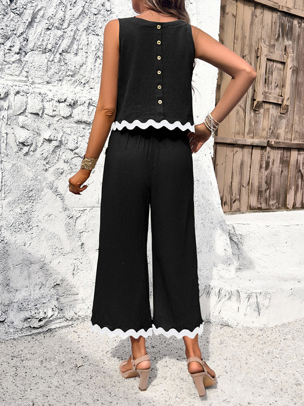 Split-Joint Loose Sleeveless Buttoned Contrast Color Vest Top + Pockets Pants Bottom Two Pieces Set