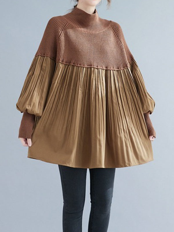 Pleated Split-Joint Long Sleeves Loose High Neck Sweater Tops