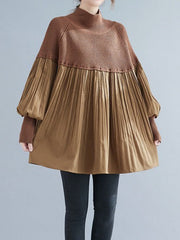 Pleated Split-Joint Long Sleeves Loose High Neck Sweater Tops