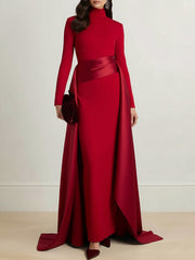 Bodycon Elasticated Waist Asymmetric Solid Color Split-Joint High Neck Maxi Dresses